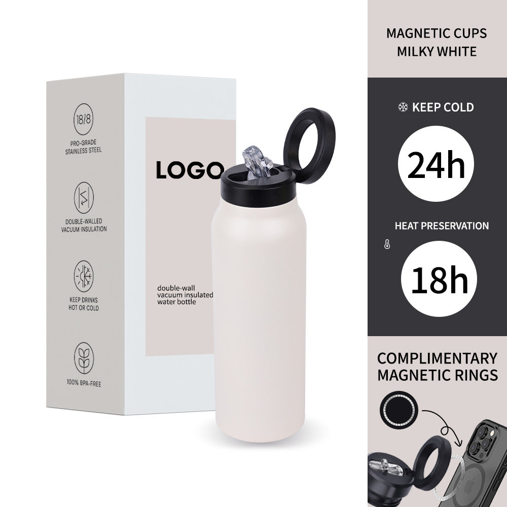 Magnetic Insulated Water Bottle With Straw And Phone Holder